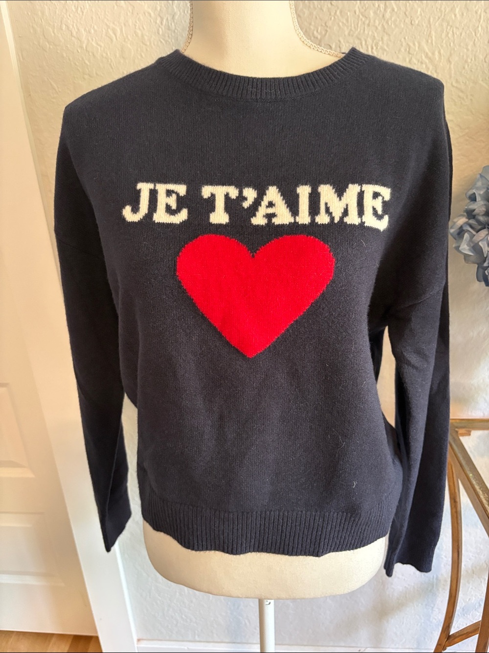 Express Navy 'JE T'AIME' Crew Sweater with Red Heart